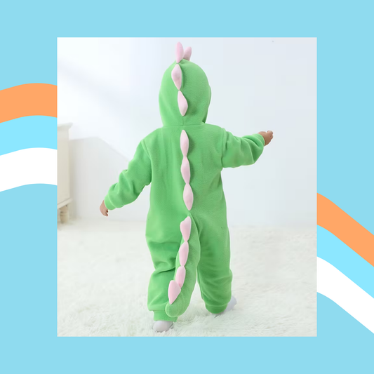 Dino Darling – Green and Pink Hooded One-Piece with Pink Spikes