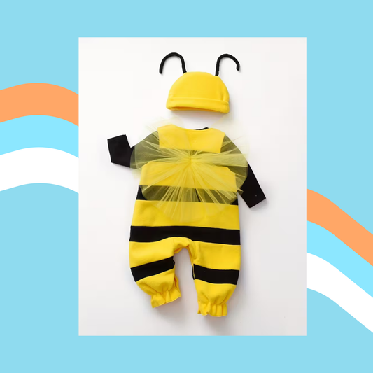Little Busy Bee – Yellow & Black Striped Overalls Set with Hat