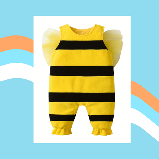 Little Busy Bee – Yellow & Black Striped Overalls Set with Hat