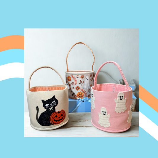 Kitty Basket – Beige Halloween Cat & Pumpkin Treat Holder