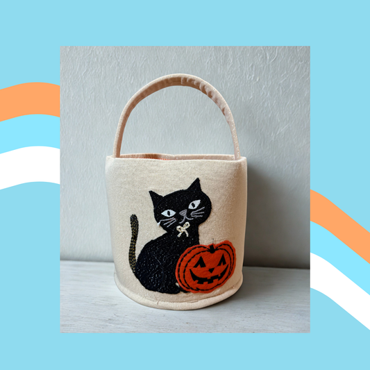 Kitty Basket – Beige Halloween Cat & Pumpkin Treat Holder