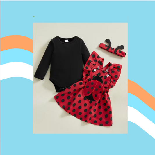 Little Ladybug Love – Baby Girl Autumn Romper & Suspender Skirt Set with Headband