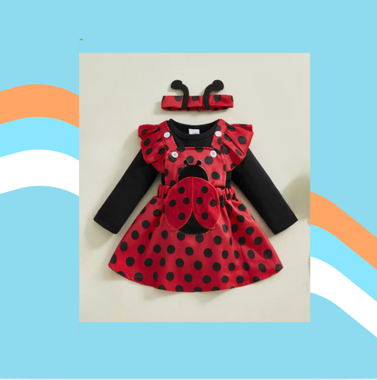 Little Ladybug Love – Baby Girl Autumn Romper & Suspender Skirt Set with Headband